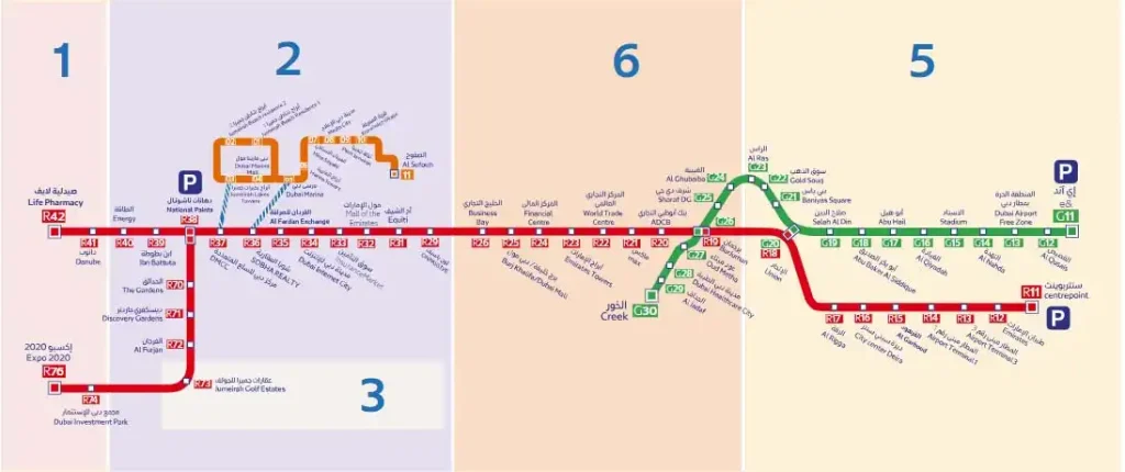 Dubai Metro Map showing Red and Green Lines with all major stations.